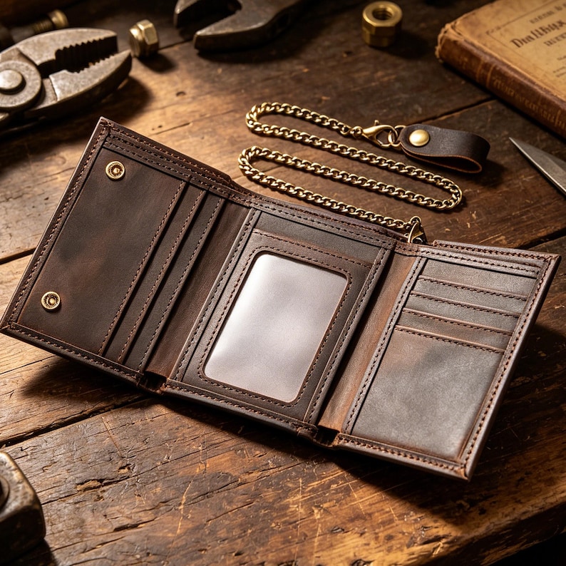 May include: A dark brown leather trifold wallet featuring multiple card slots, a central clear ID window, and two brass snap button closures. A detachable gold-toned metal chain with a leather belt loop attachment is included with the wallet.