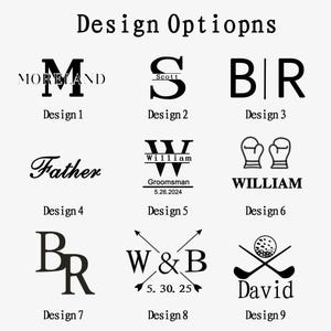 K&ouml;nnte beinhalten: Eine Sammlung von neun schwarzen Grafikdesign-Optionen, beschriftet von Design 1 bis Design 9. Die Designs zeigen verschiedene Monogramme, Namen wie Moreland, Scott, William, Father und David sowie Symbole wie Boxhandschuhe, Pfeile und Golfschl&auml;ger.