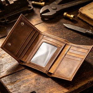 May include: A brown leather tri-fold wallet featuring multiple card slots, a clear plastic ID window, and two brass-colored metal snap closures. The interior is constructed with stitched leather panels and includes a dedicated section for identification.