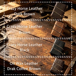 May include: Four rectangular leather wallets with attached metal chains, displayed in dark brown, brown, black, and dark coffee brown. Each wallet features a snap-button closure and a textured finish, labeled as Crazy Horse or Oil Wax leather.