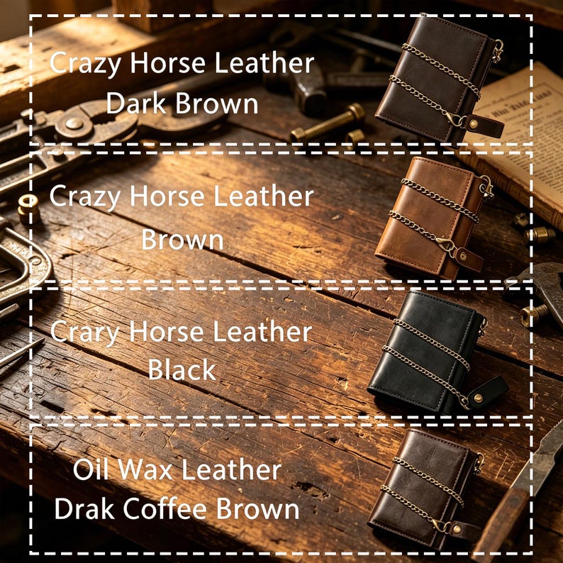 May include: Four rectangular leather wallets with attached metal chains, displayed in dark brown, brown, black, and dark coffee brown. Each wallet features a snap-button closure and a textured finish, labeled as Crazy Horse or Oil Wax leather.