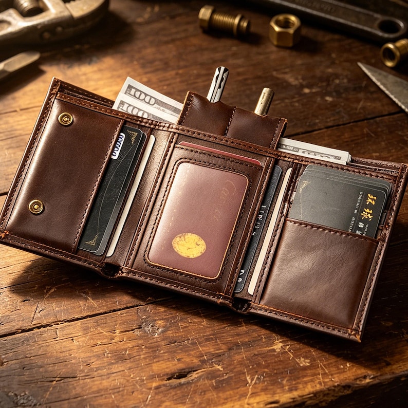 May include: A brown leather trifold wallet featuring multiple card slots, a clear ID window, and a dedicated compartment for paper currency. The wallet is open, revealing several credit cards, a stack of US dollar bills, and two metal pen inserts.