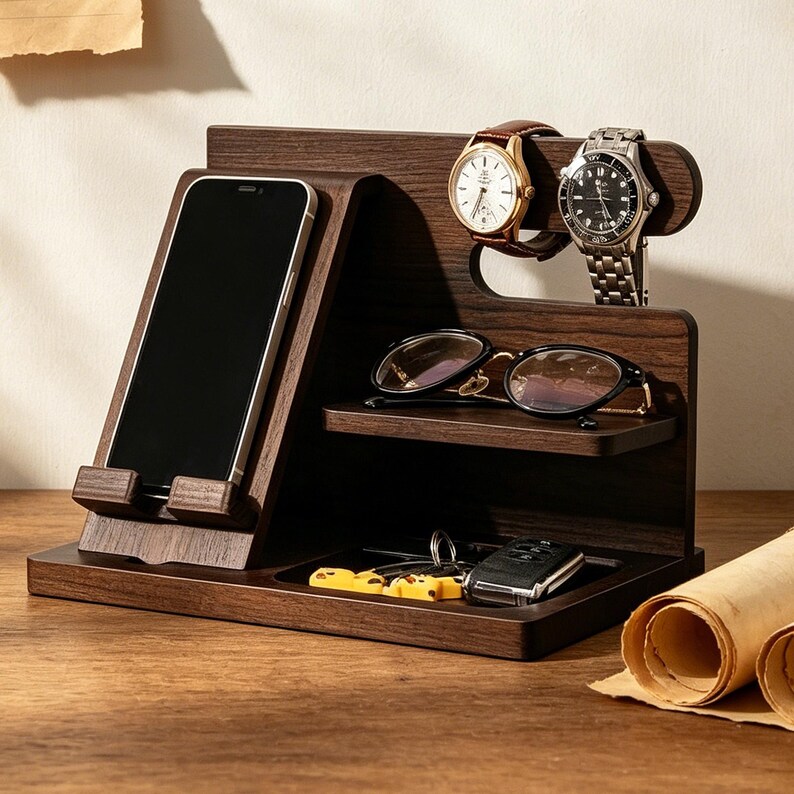 K&ouml;nnte beinhalten: Ein dunkelbrauner Schreibtisch-Organizer aus Holz mit einem schr&auml;gen St&auml;nder f&uuml;r ein Smartphone, einer horizontalen Ablage f&uuml;r eine Brille und einer oberen Leiste f&uuml;r zwei Armbanduhren. Die Basis enth&auml;lt ein vertieftes Fach f&uuml;r einen Schl&uuml;sselbund.