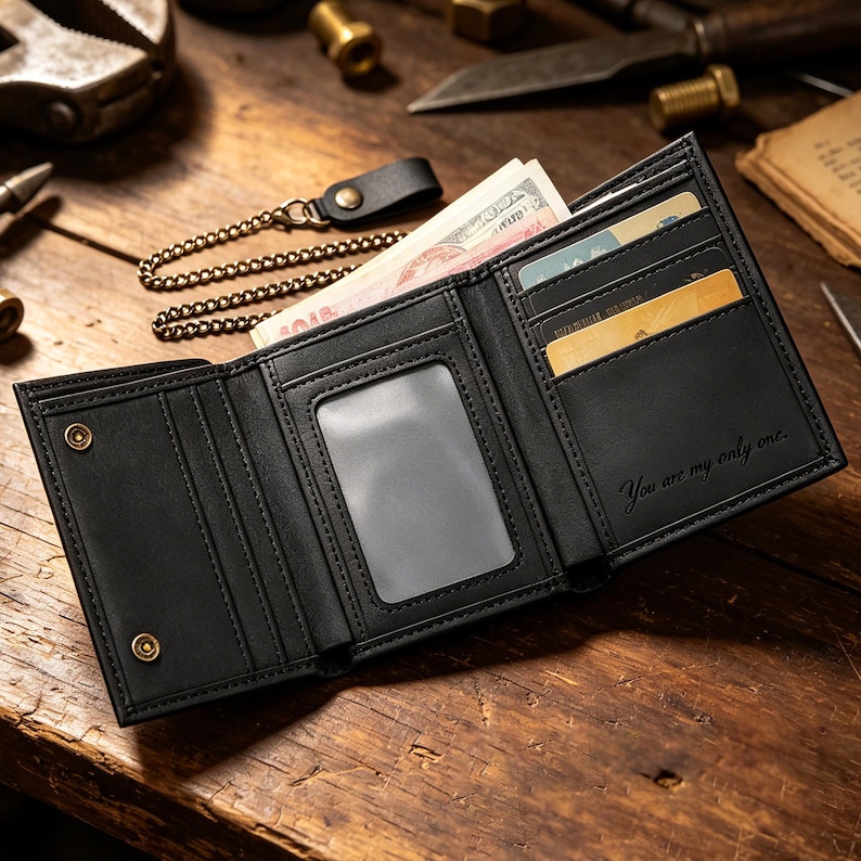 May include: A black tri-fold wallet with a metal chain attachment, featuring multiple card slots, a clear ID window, and a cash compartment containing paper currency. The interior is embossed with the text, You are my only one.
