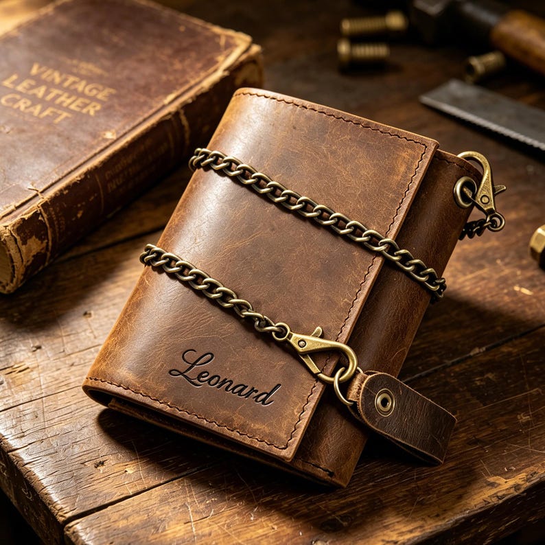 May include: A brown leather bifold wallet featuring a distressed finish, a brass-toned metal chain attached with lobster clasps, and the name Leonard embossed in a cursive script on the front surface. The wallet includes a snap-button closure tab.
