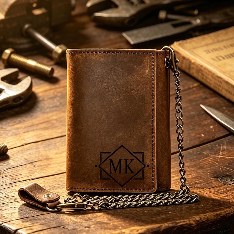 May include: A brown leather trifold wallet featuring a dark engraved diamond-shaped emblem with the letters MK in the center. The wallet includes a metal chain attached to a leather loop with a snap button, showcasing visible stitching along the edges.