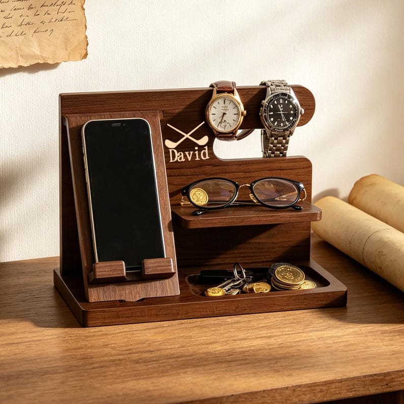 K&ouml;nnte beinhalten: Ein dunkelbrauner Schreibtisch-Organizer aus Holz mit einem vertikalen Smartphone-St&auml;nder, einer Ablage f&uuml;r eine Brille, zwei Halterungen f&uuml;r Armbanduhren und einem kleinen Fach f&uuml;r Schl&uuml;ssel und M&uuml;nzen. Das Holz ist mit Golfschl&auml;gern und David graviert.