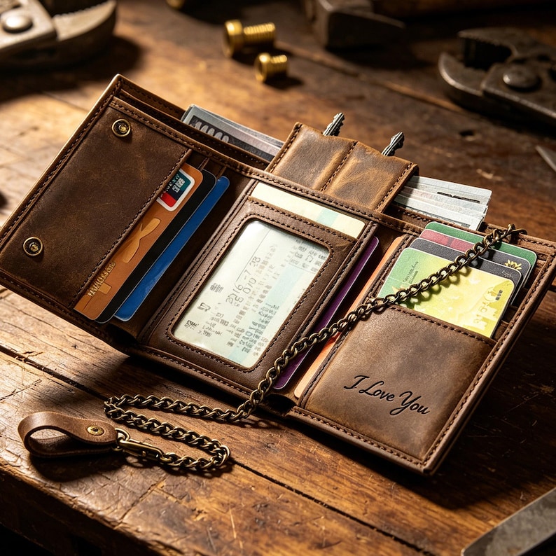 Personalized Leather Trifold Wallet, Crazy Horse Skin, Anti-Theft Chain image 2