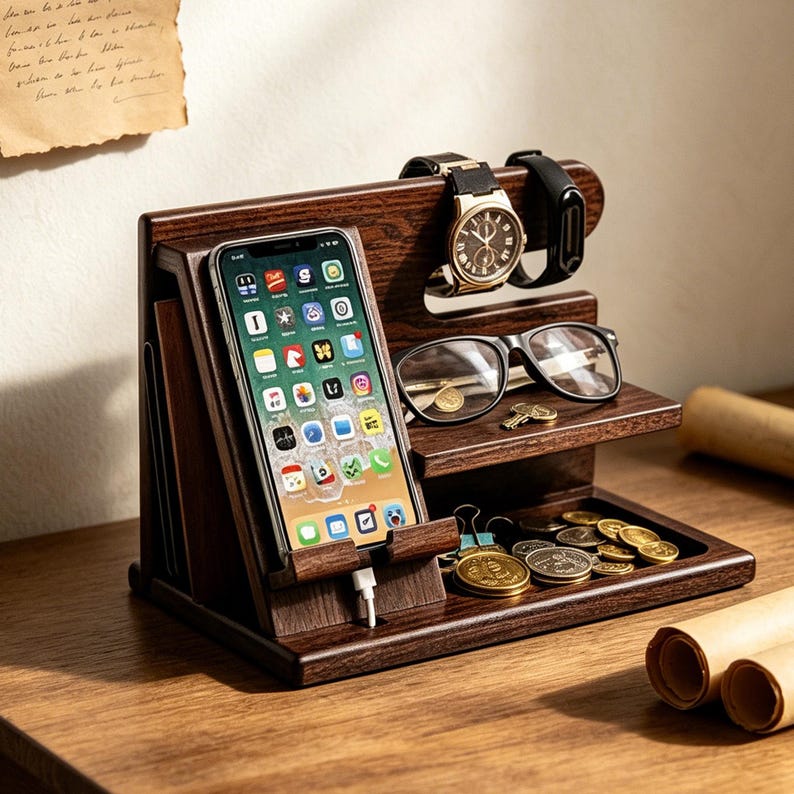 K&ouml;nnte beinhalten: Eine dunkelbraune Holz-Ladestation mit einem vertikalen Schlitz f&uuml;r ein Smartphone inklusive Ladekabel, einer oberen Stange f&uuml;r Armbanduhr und Fitness-Tracker, einer Ablage f&uuml;r eine Brille sowie einem Fach f&uuml;r M&uuml;nzen und Kleinteile.