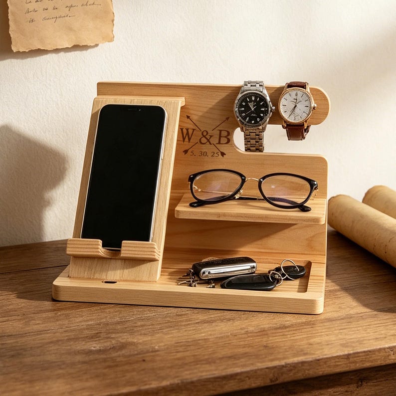 K&ouml;nnte beinhalten: Eine Dockingstation aus hellem Holz mit einem Smartphone-St&auml;nder, einer Ablage f&uuml;r eine Brille und Haken f&uuml;r zwei Armbanduhren. In der Mitte ist der Text W & B und 5. 30. 25 eingraviert. Ein Schl&uuml;sselbund liegt in der Ablageschale des Organizers.