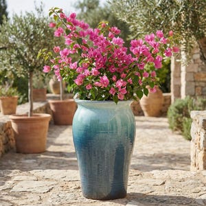 Peut inclure: Un grand pot en céramique émaillée turquoise rempli de bougainvilliers roses vifs. La scène extérieure comprend d'autres pots en terre cuite et des oliviers, créant une ambiance de jardin méditerranéen.