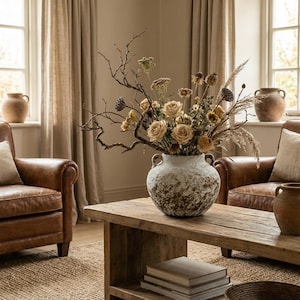 以下が含まれることがあります： 乾燥した花と枝が活けられた、質感のある大きな花瓶が特徴の素朴なリビングルーム。 花瓶は風化した木製のコーヒーテーブルの上に置かれています。 2つの革張りのアームチェアとニュートラルなカーテンが、暖かく居心地の良い雰囲気を作り出しています。