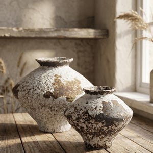 Könnte beinhalten: Zwei dekorative Keramikvasen mit einem strukturierten, abgenutzten Finish. Die Vasen sind weiß mit braunen Akzenten und stehen auf einer Holzoberfläche. Die größere Vase ist etwa 46 cm hoch, die kleinere etwa 30 cm. Wohnkultur.
