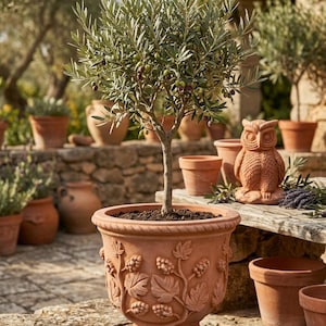 Puede incluir: Un olivo en una maceta de terracota con un diseño de uvas y hojas. La maceta está sobre un patio de piedra, con otras macetas de terracota y una estatua de búho en el fondo. El árbol tiene hojas verdes y pequeñas aceitunas.