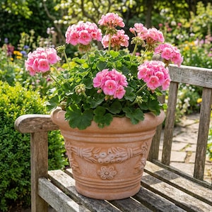 Könnte beinhalten: Ein Terrakotta-Blumentopf gefüllt mit leuchtend rosa Geranien. Der Topf ist mit floralen Reliefmustern verziert und steht auf einer Holzbank in einem Garten. Die Geranien haben üppiges grünes Laub.