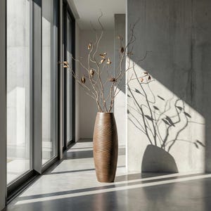 May include: A tall, brown ceramic vase with a textured, ridged design, holding dried branches with small, tan seed pods. The vase is placed in a sunlit hallway with large windows and a concrete wall.