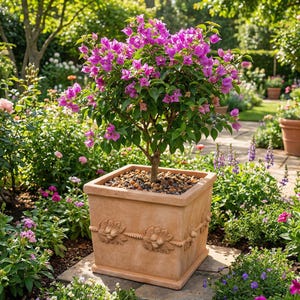 May include: A vibrant bougainvillea plant with bright pink flowers in a square terracotta pot. The pot has decorative floral relief details. The plant is in a lush garden setting with other plants and flowers.