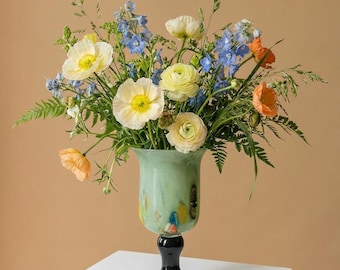 Handcrafted Green Glass Urn Vase, Artistic Goblet Vase for Table Centerpieces