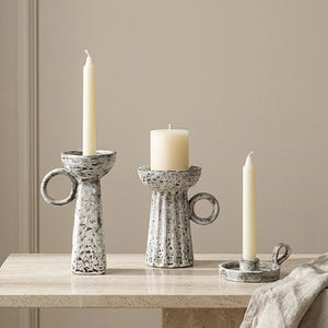 Sculptural Ceramic Candle Holder Set, Speckled Stone Candlestick, Japandi Minimal Decor