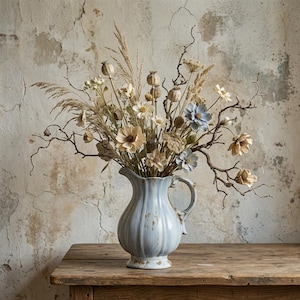 May include: A pale blue ceramic jug holds a display of dried flowers, including beige, tan, and blue blooms, seed pods, and branches. The jug rests on a wooden table, set against a textured wall, creating a rustic aesthetic.