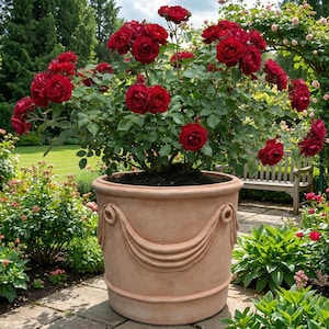 May include: A large terracotta-coloured planter overflowing with a rose bush. The bush is laden with deep red roses and green foliage. The planter features a classic design with decorative swags. The background shows a garden with other plants and a wooden bench.