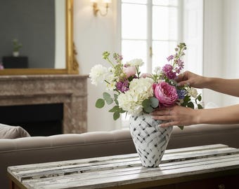 Modern White Ceramic Vase, Black Texture, Sculptural Pottery Centerpiece