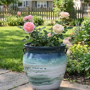 May include: A large ceramic planter with a blue and white watercolour effect, filled with a rose bush. The roses are in various stages of bloom, with pink and cream-coloured flowers. The planter has two handles and sits on a stone patio.