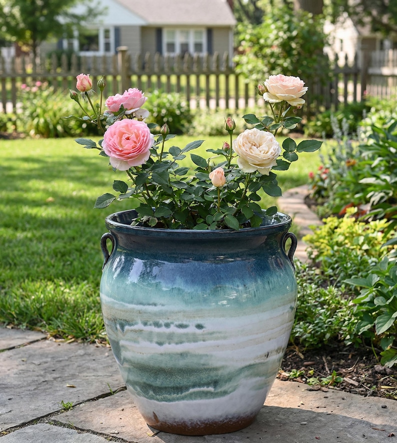 May include: A large, glazed ceramic planter with a blue and white watercolor effect, filled with a rose bush. The roses are in various stages of bloom, with pink and cream-colored flowers. The planter has two handles and sits on a stone patio.