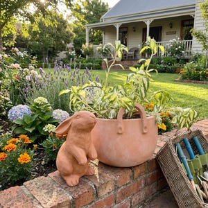 Puede incluir: Una estatua de conejo de color terracota se encuentra junto a una maceta a juego llena de vegetación. Una cesta de mimbre con herramientas de jardinería está cerca. La escena está ambientada en un exuberante jardín con una casa al fondo.