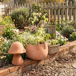 Puede incluir: Una estatua de hongo de terracota y una jardinera grande de terracota con asas, llena de vegetación, se encuentran sobre un muro de ladrillo. Una pequeña cesta de mimbre con herramientas de jardinería está cerca. El fondo presenta un jardín con una valla de madera.