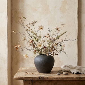 Op de afbeelding: Een zwarte, getextureerde vaas gevuld met een natuurlijk arrangement van gedroogde bloemen, takken en grassen. De vaas staat op een rustieke houten tafel, met een neutrale achtergrond. De opstelling bevat witte cosmosbloemen en diverse gedroogde elementen.
