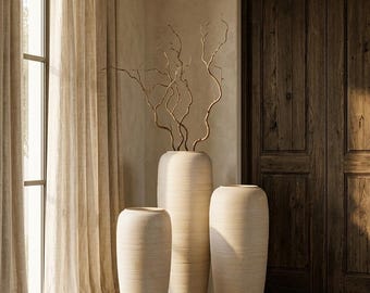 Large Sculptural Ceramic Floor Vase, Handmade Limestone Texture, Modern Minimalist Decor