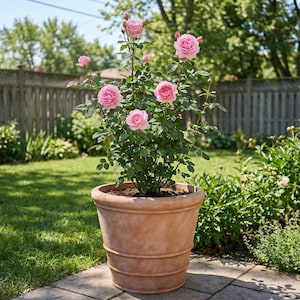 May include: A potted rose bush with multiple pink blooms. The plant is in a large, terracotta-colored pot with a ridged design. The background includes a green lawn, a wooden fence, and other greenery.