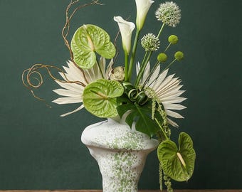 Handmade Sculptural Ceramic Vase with Green Artistic Splatter