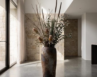 Rustieke zwarte, gespikkelde keramische vloervaas, Wabi Sabi hoge decoratieve woondecoratie
