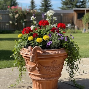 Può includere: Un grande vaso di terracotta pieno di vibranti fiori rossi, gialli, bianchi e viola. Il vaso presenta un design a rilievo dettagliato e una testa di ariete sul lato. I fiori sono lussureggianti e traboccanti, creando un'esposizione colorata.