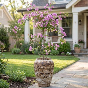 May include: A large outdoor planter with a bougainvillea plant. The plant has pink flowers and green leaves. The planter is a tall, textured pot with a brown and beige mottled design. It is placed on a stone walkway in front of a house, creating a garden feature.