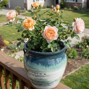 May include: A ceramic flower pot with a blue and white glaze holds a rose bush with peach-colored blooms. The pot sits on a wooden railing, with a house and garden in the background. The roses are in various stages of bloom.