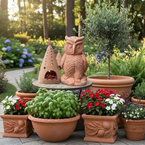 May include: An outdoor scene featuring terracotta pots filled with plants and flowers. A decorative owl statue and a star-shaped lantern sit on a small table. The scene is set in a garden with trees and sunlight.