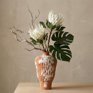 Puede incluir: Un jarrón de terracota con un acabado texturizado blanqueado a la cal sostiene flores de protea blancas, hojas de monstera verdes y delicadas ramas. El jarrón se encuentra sobre una superficie de madera, creando una estética natural y terrosa.