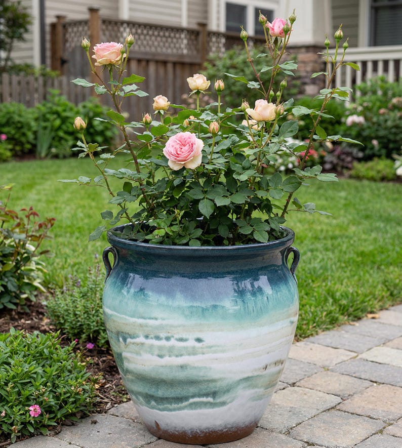 May include: A large, ceramic garden pot with a blue and green ombre glaze, filled with a rose bush. The roses are a soft pink color, with green leaves and stems. The pot has two handles and sits on a brick patio.