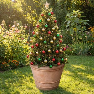 May include: A decorated Christmas tree in a large terracotta pot, adorned with red, green, and gold baubles, a gold star topper, and fairy lights. The tree is set outdoors on a grassy lawn, surrounded by flowers and greenery.