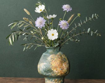 青い楕円形のドットが入った大きな陶器の花瓶、手作り、ユニークな作品