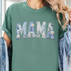 Mama Floral Patchwork Png Blue Daisy Quilt Style Mama Letters Png digital download