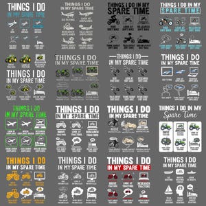 Op de afbeelding: Grijze afbeelding met de tekst "THINGS I DO IN MY SPARE TIME" en iconen die hobby's zoals vliegen, motorrijden en het besturen van tractoren weergeven. De tekst is wit.