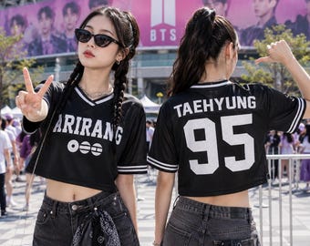 Arirang Inspired Mesh Crop Top Football Jersey, Custom Name Number BTS Inspired Fan Shirt, Vintage Korean Music Concert Outfit Gift