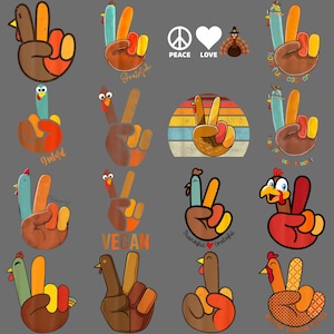 May include: A collection of Thanksgiving-themed graphics featuring turkey hands making the peace sign. Some designs include the words "Grateful", "Vegan", and "Thankful". Other graphics include a peace symbol, a heart, and a turkey.