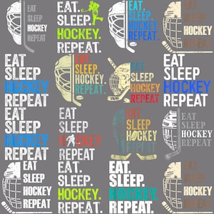 Puede incluir: Patrón repetido sobre fondo gris con cascos de hockey, palos de hockey y el texto "EAT SLEEP HOCKEY REPEAT" en varios colores. El diseño es adecuado para ropa y accesorios de temática deportiva.