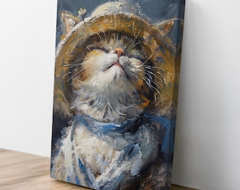 Happy Smiling Cat Vintage Canvas Wall Art - Maximalist Abstract Oil Painting - Chic Nursery Wall Print - Cat Lover Gift - Animal Wall Art