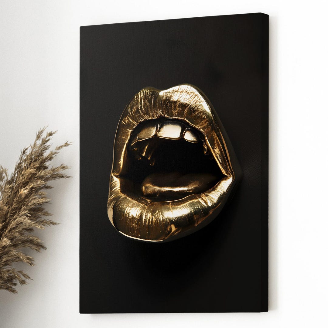 Luxury Kiss Lips Gold Glam Art Print on Canvas - Aesthetic Girls Room ...